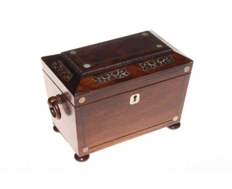 19th Century mahogany two handled tea caddy with mother of pearl inlay, 21cm by 12cm by 16cm.