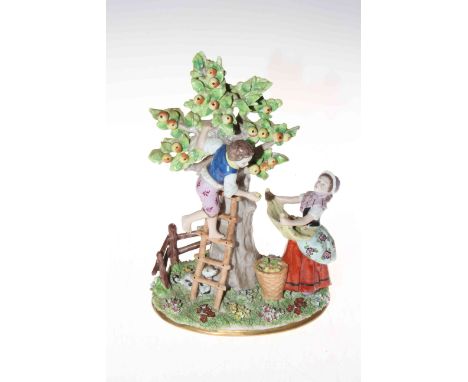 Sitzendorf porcelain Apple Pickers group, 25cm, blue mark.