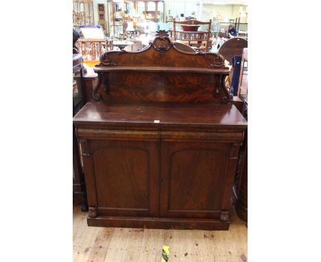 Victorian mahogany two door chiffonier with raised shelf back, 144cm high by 112cm wide by 47cm deep.