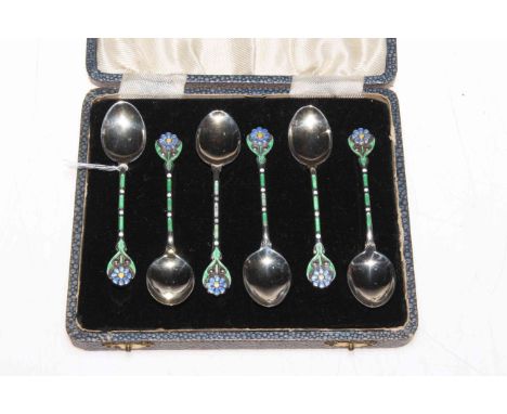 William Hutton &amp; Sons set of six silver and enamel coffee spoons, Birmingham 1932, cased.