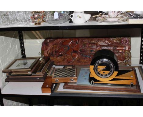 Art Deco mantel clock with striking movement, chess set, dominoes, collection of prints including Margaret Tarrant and Lois W
