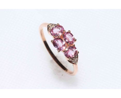 Four stone pink Padparadscha sapphire and 9k gold ring, size Q, with certificate.
