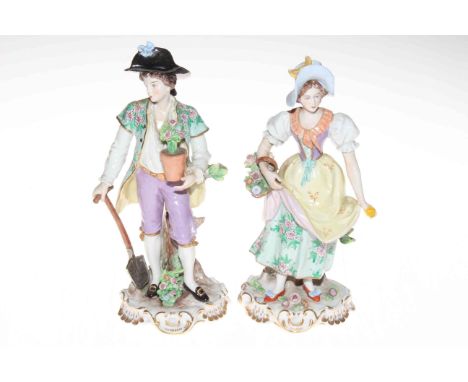 Pair Sitzendorf porcelain figures of gardener and maiden, 23cm, blue mark.