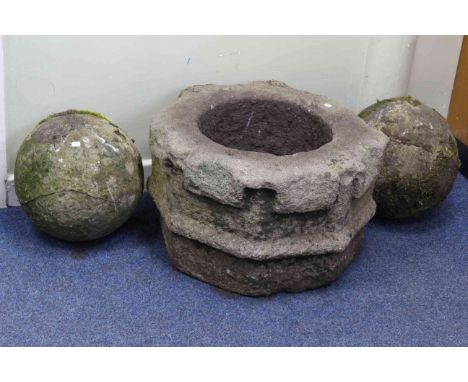 Weathered octagonal shaped stone garden trough, 34cm by 54cm diameter and pair weathered stone orbs.