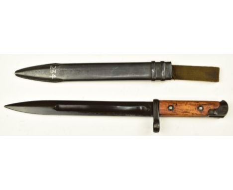 Russian 1940 pattern Tokarev (SVT) rifle bayonet stamped 5385 to wooden grips, with 24.5cm fullered single edged blade, scabb