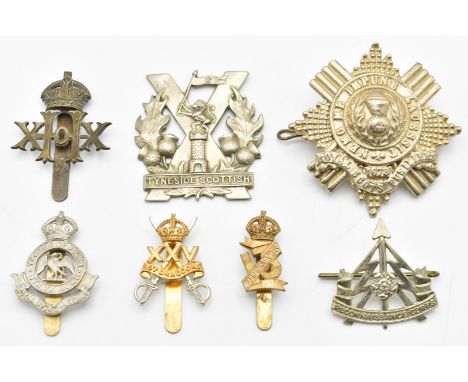 Seven British Army badges including Royal Bucks Hussars (Firmin London to slider), 20th Hussars and Royal Scots Fusilliers