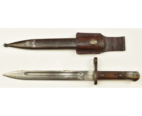 Turkish 1935 pattern Mauser bayonet stamped 124740 and ASFA to pommel, with 25cm fullered blade, scabbard and frog.&nbsp;PLEA