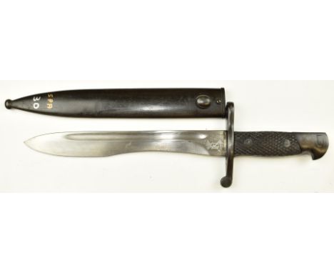 Spanish 1943 pattern Bolo bayonet stamped 5229 and Toledo to ricasso, with 25cm fullered blade and scabbard also stamped 5229