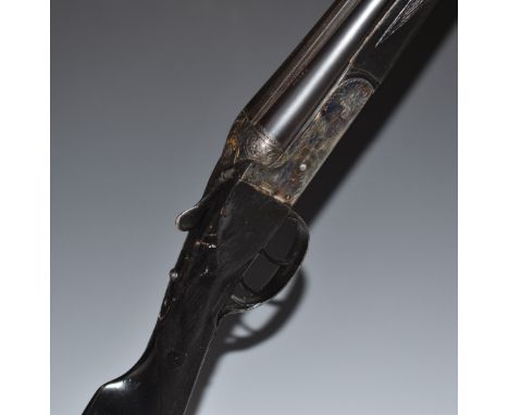Essex Firearms Co .410 bore side by side shotgun with scenes of dogs engraved to the locks, engraved underside, trigger guard