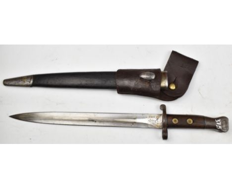 British 1888 pattern bayonet Mk I 2nd type, with some good stamps to ricasso, a 30.5cm double edged blade, scabbard and frog.