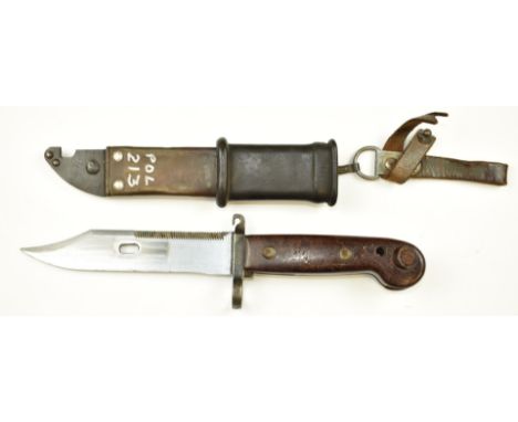 Polish AKM bayonet with 14.5cm serrated blade, rubber covered scabbard numbered 5998 and frog. PLEASE NOTE ALL BLADED ITEMS A