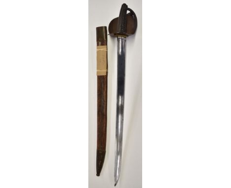 German mid 19thC cutlass with two piece hilt, A E Solingen to ricasso, 66cm slightly curved blade and leather scabbard.&nbsp;