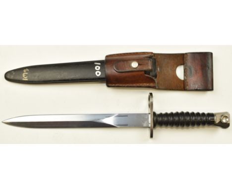 Swiss 1957 pattern SIG assault rifle bayonet stamped W 488239 to ricasso, with 24cm double edged blade, scabbard and frog sta