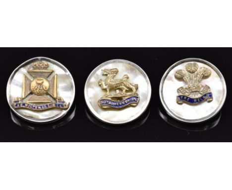 Three mother of pearl and enamel&nbsp;sweetheart brooches for the Wiltshire Regiment, Welch Regiment and Royal Berkshire Regi