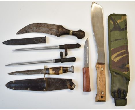 Six bladed weapons / knives including two Chinese bayonets, hunting knife with leather sheath, machete and sheath, Eastern da