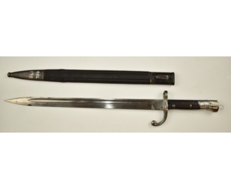 Belgian export bayonet stamped 4523 to cross guard, with 38.5cm fullered blade, scabbard and stud stamped 3257N.&nbsp;PLEASE 