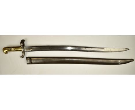 French 1842 pattern sabre bayonet with brass grip, crossguard stamped 2880, 57cm T form yataghan blade and scabbard.&nbsp;PLE