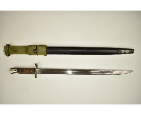 Australian 1907 pattern bayonet with some clear stamps, 43cm fullered blade, scabbard and frog. PLEASE NOTE ALL BLADED ITEMS 