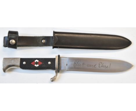 Replica German Third Reich Nazi Hitler Youth dagger with 14cm blade, scabbard and frog.&nbsp;PLEASE NOTE ALL BLADED ITEMS ARE