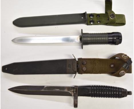 German G3 bayonet with 15.5cm blade, scabbard and frog, together with a Belgian example with 18cm blade, scabbard and frog.&n