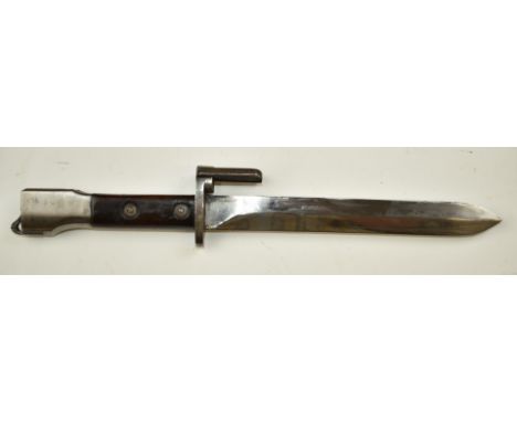 Belgian FN FAL bayonet with wooden grips and flash hider 19cm blade and scabbard. PLEASE NOTE ALL BLADED ITEMS ARE SUBJECT TO