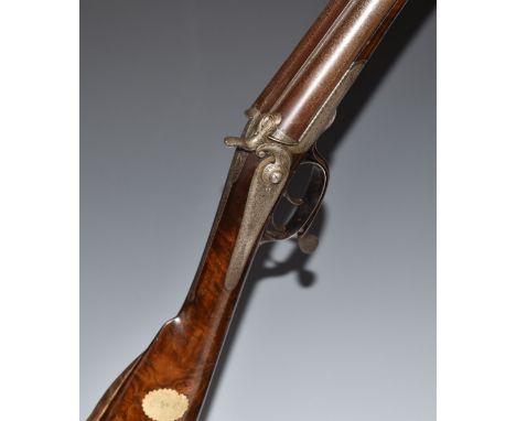 Dumoulin Lambinon Belgian 24 bore side by side pin-fire hammer action shotgun with fine scrolling engraving to the lock, styl