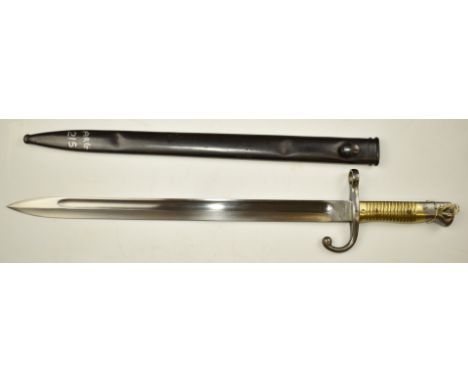 Argentinian 1891 pattern sword bayonet with brass grips, 40cm fullered blade, good stamps including Mondelo Argentino 1891, m