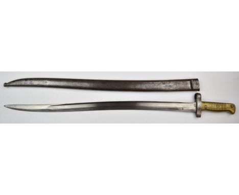 Egyptian 1870 pattern bayonet with brass grips, 57.5cm fullered yataghan blade and scabbard. PLEASE NOTE ALL BLADED ITEMS ARE