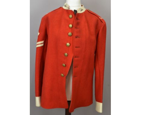 British Army Gloucestershire Regiment other ranks scarlet tunic with Corporal chevrons and pioneer badge, rounded collar fron
