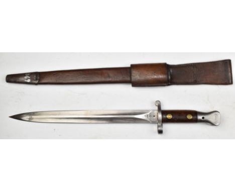 British 1888 pattern bayonet Mk II, with some good stamps to ricasso, a 30.5cm double edged blade, scabbard and frog. PLEASE 