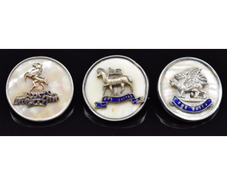 Three mother of pearl and enamel&nbsp;sweetheart brooches for the Buffs, Royal West Kent Regiment and the Queen's Regiment, o