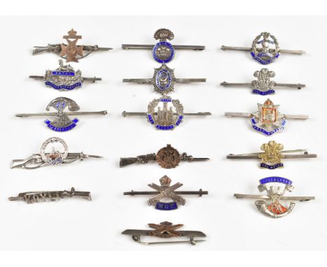 Sixteen silver and enamel, silver and metal Infantry sweetheart brooches including Gloucestershire Regiment, Somerset Light I