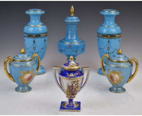 Pair of Coalport covered twin handled pedestal vases with flower decoration, a Vienna covered vase and a Victorian glass garn