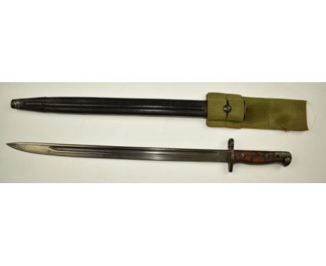 Australian 1907 pattern bayonet with good stamps, 43cm fullered blade, scabbard and frog.&nbsp;PLEASE NOTE ALL BLADED ITEMS A