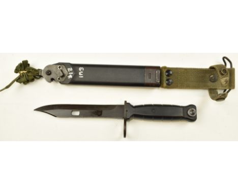 Swiss 1990 SIG assault rifle bayonet, with 16cm serrated blade, scabbard and frog.&nbsp;PLEASE NOTE ALL BLADED ITEMS ARE SUBJ