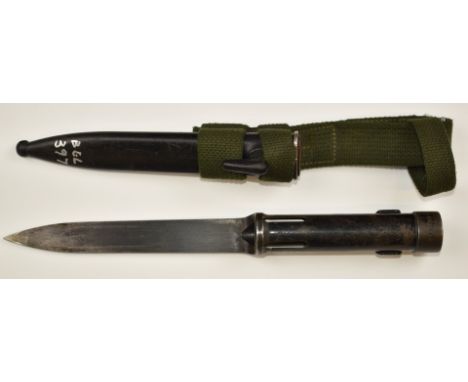 Belgian FN CAL bayonet stamped 293233 to hilt, with 17cm blade, scabbard and frog. PLEASE NOTE ALL BLADED ITEMS ARE SUBJECT T