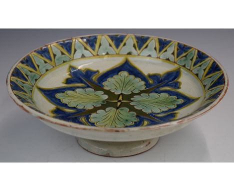 Della Robbia art / studio pottery tazza with geometric floral decoration, signed by John Fogo, diameter 23.5 x height 8cm