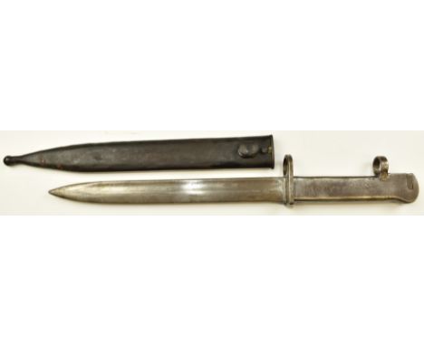 Turkish Ersatz bayonet with double muzzle ring, 21359 and 4085 to grip, with 24cm fullered blade and scabbard.&nbsp;PLEASE NO