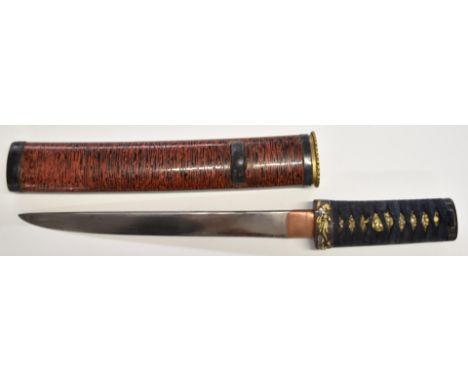 Japanese Tanto Samurai sword, signed, with rope twist to grip, 20cm blade and scabbard. PLEASE NOTE ALL BLADED ITEMS ARE SUBJ