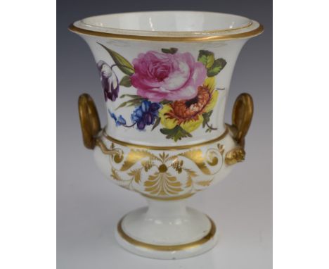 19thC Derby porcelain twin-handled pedestal vase with flower decoration and a pair of porcelain pot pourri, tallest 18cm