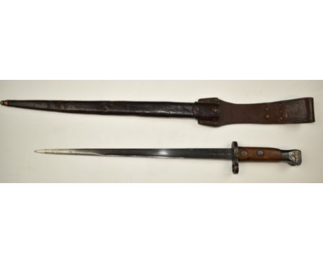 Dutch 1895 pattern bayonet with wooden grips, Hembrug to ricasso, 35cm T form blade, scabbard and frog.&nbsp;PLEASE NOTE ALL 