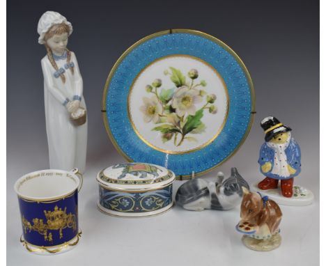 Crown Derby cabinet plate with botanical decoration, Copenhagen cat, Nao figure, Beswick and Coalport figures etc, tallest 24