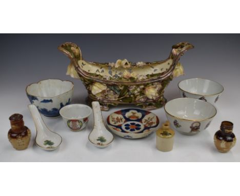 Zsolnay Pecs twin handled pierced jardinière with applied flower decoration, 19thC Chinese porcelain bowls, miniature Royal D