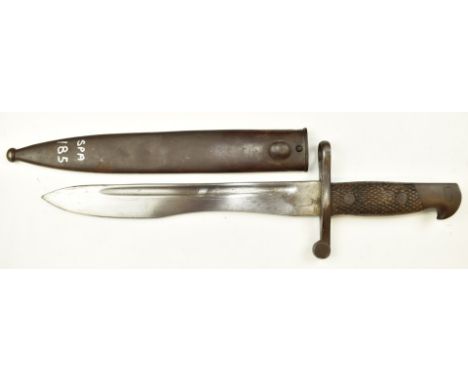 Spanish 1943 pattern Bolo bayonet with wooden grips stamped 6734, Toledo to ricasso, 25cm blade and scabbard stamped 9669.&nb