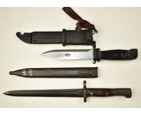 Egyptian / Belgian SHFN 1949 pattern bayonet with wooden grips, 22cm double edged blade and scabbard, together with a 20thC E