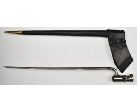 British 1853 pattern socket bayonet with some stamps to ricasso including WD and broad arrow mark, 43.5cm blade, scabbard and