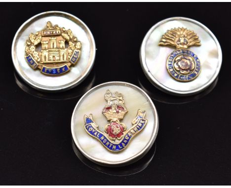 Three mother of pearl and enamel&nbsp;sweetheart brooches for the Lancashire Fusiliers, Essex Regiment and Loyal North Lancas