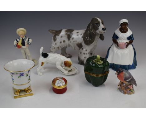 Royal Doulton dog HN1158, Royal Governor's Cook H2233, Bing and Grondahl spaniel, Herend vase, Wedgwood sailor and two pots, 