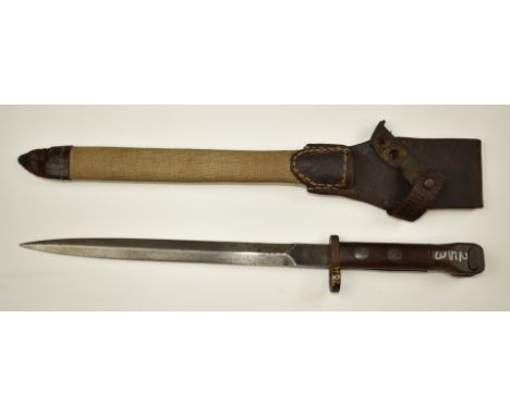 Dutch 1895 pattern Cavalry bayonet with wooden grips, 25cm double edged blade, canvas scabbard and leather frog.&nbsp;PLEASE 