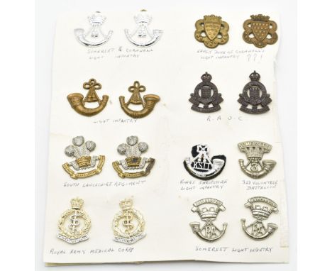 Seven sets of British Army collar badges including&nbsp;Somerset Light Infantry, RAOC, Light Infantry, together with single b
